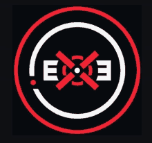 a red and white logo with the word exe in a circle