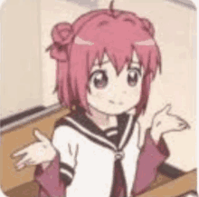 a pink haired anime girl is shrugging her shoulders while sitting at a table .