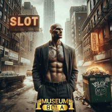 a man in a suit is standing in front of a sign that says slot