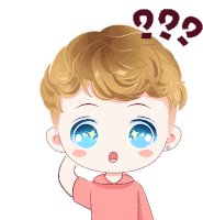 a cartoon of a boy with blue eyes and a question mark above his head