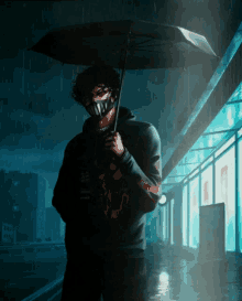 a man wearing a mask is holding an umbrella