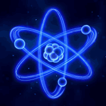 a glowing blue atom with a nucleus surrounded by electrons