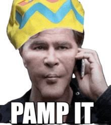 a man wearing a yellow hat talking on a cell phone with pamp it written on the bottom of his face