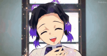 a girl with purple hair is smiling and holding a book