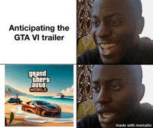 a man is smiling and crying while looking at a grand theft auto mobile poster