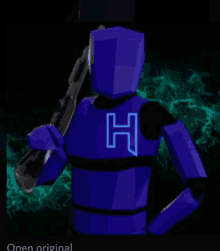 a blue robot with the letter h on its chest