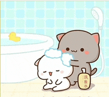 a cartoon cat is washing another cat 's hair in a bathroom .