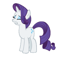 a white pony with a purple mane and tail has a sad look on its face