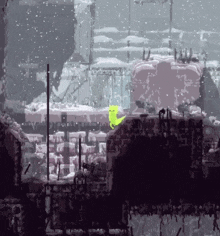 a pixel art drawing of a snowy scene with a yellow object in the middle