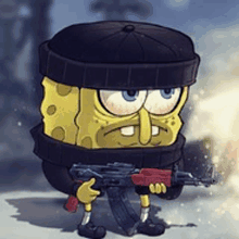 spongebob is wearing a black hat and holding an ak47 rifle .