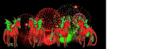 a group of red dragons are standing in front of fireworks