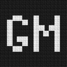 the word gm is written in white blocks on a black background