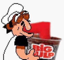 a pixel art of a cartoon character holding a cup of big gulp ice cream .