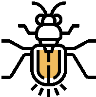 a black and yellow icon of a bug with a light inside of it on a white background .