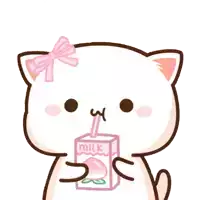 a cartoon cat with a pink bow on its head drinking a box of milk