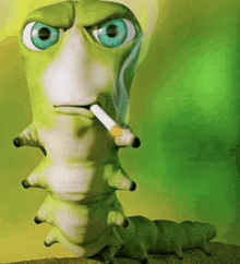 a cartoon caterpillar is smoking a cigarette with an angry look on his face