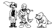 a black and white pixel art of three skeletons standing next to each other on a white background .