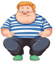 a cartoon of a fat man in a striped shirt sitting down on a white background .