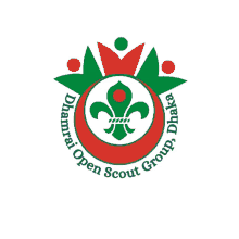 a logo for dhaka open scout group with a green fleur de lis in the center