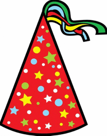 a cartoon illustration of a red party hat with stars and circles on it .