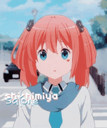 a girl with red hair and blue eyes is standing in front of a sign that says ' chishimiya salone '