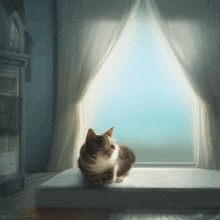 a cat sits on a mattress in front of a window with a curtain