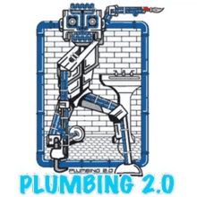 a plumbing 2.0 logo with a robot holding a hose