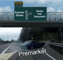 a car is driving down a highway next to a sign that says premarket