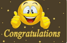 a cartoon smiley face is giving a thumbs up and the words `` congratulations '' .