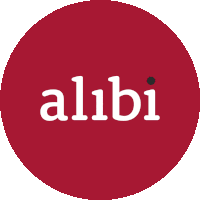 a red circle with the word alibi in white letters