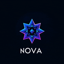 a logo for nova with a blue and purple star on a dark background