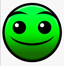 a green smiley face with big black eyes and a smile