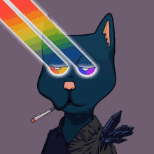 a cartoon cat is smoking a cigarette with a rainbow beam coming out of its eyes .