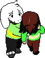 a pixel art of a goat holding a girl 's hand .