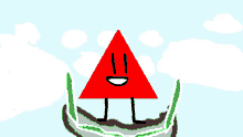 a red triangle with arms and legs is smiling