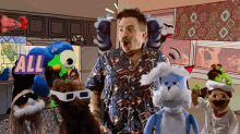 a man is surrounded by stuffed animals and the word all is visible