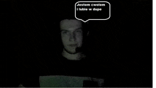 a man in a dark room with a speech bubble that says jestem cwolem i lubie w dupe