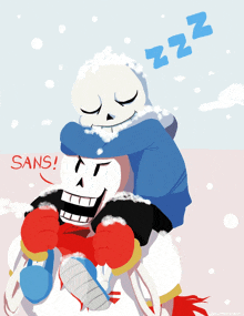 a cartoon drawing of papyrus carrying sans on his shoulders