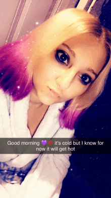 a woman with pink hair has a snapchat that says good morning