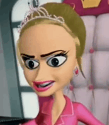 a close up of a cartoon character wearing a tiara and earrings .