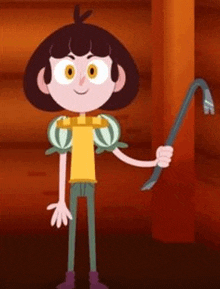 a cartoon character is holding a crowbar in a room .