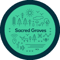 a logo for sacred groves has trees and birds on it