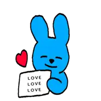 a blue rabbit is holding a piece of paper that says love