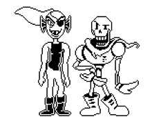 a black and white pixel art of a boy and a skeleton standing next to each other on a white background .