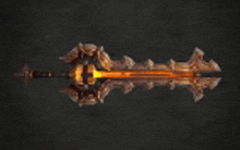 a 3d model of a sword with a flame coming out of it on a black background .