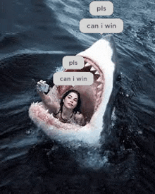 a woman is riding on the back of a shark with speech bubbles that say " pls can i win "