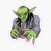 a sticker of a green goblin wearing a striped tie and a purple shirt