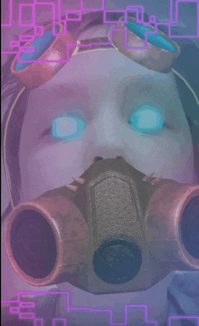 a person wearing a gas mask has blue eyes