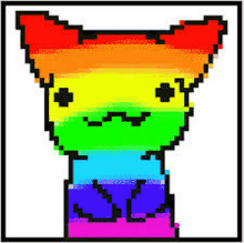 a pixel art drawing of a cat with a rainbow colored head