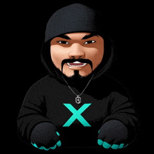 a man with a beard wears a black hoodie with a green x on it